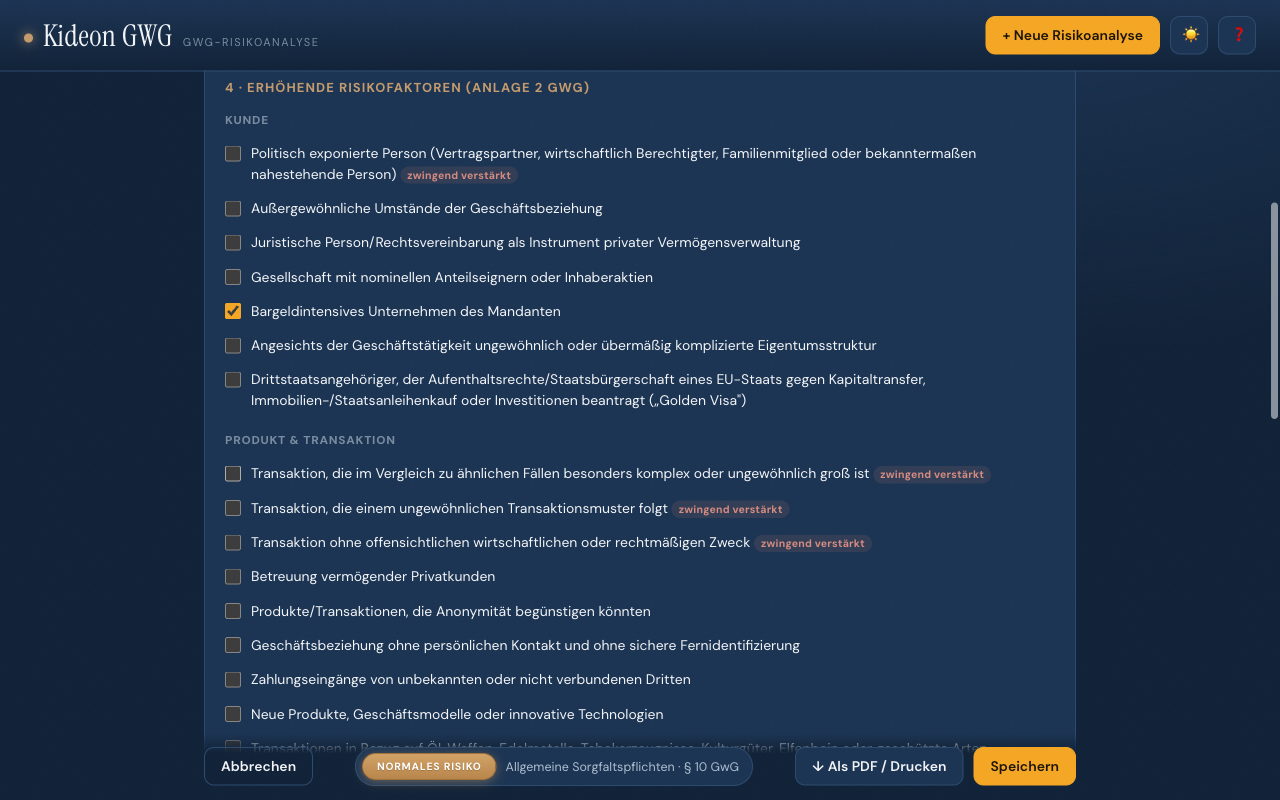 Kideon GWG – Risikofaktoren mit Live-Einstufung und Sorgfaltspflicht-Hinweis