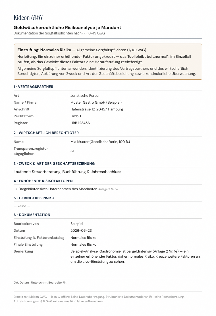 GwG-Dokumentationsbogen mit Normfundstellen und Unterschriftszeile